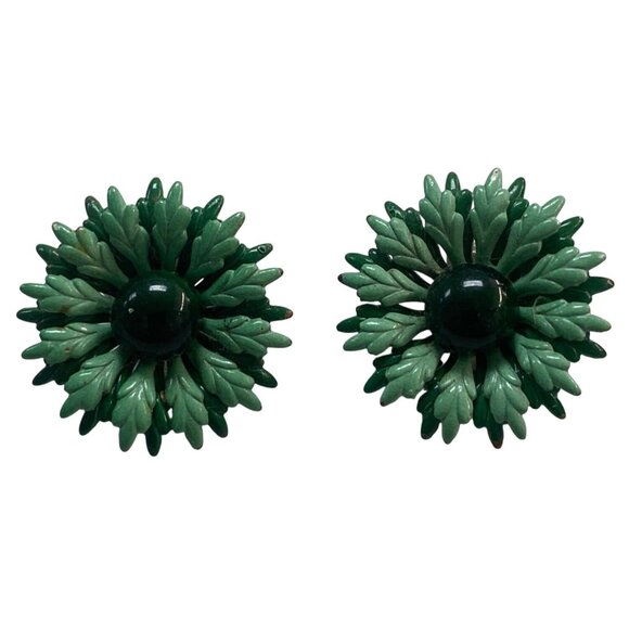 Jewelry - Vintage Green Floral Clip-On Earrings With Textured Leaf Design